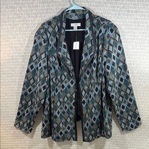 CJ Banks Blue and Gold Diamond Pattern Blazer